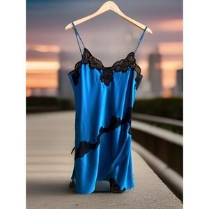 VTG Victoria's Secret Slip Dress Wm L Teal Blue Poly Satin Mini Black Lace Silky